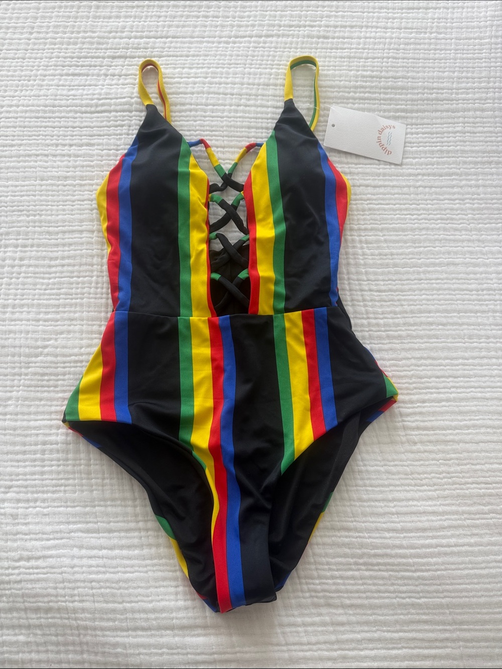 Dippin' Daisy's Black One-Piece with Stripes and Lace-Up Front